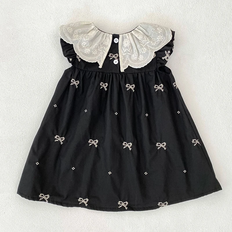 Sommer Baby Mädchen Kleid Mädchen Kurzarm Kleid Gestickter Kragen Bogen Mode Kleid Baumwolle Mädchen Prinzessin Kleid Baby Kleidung