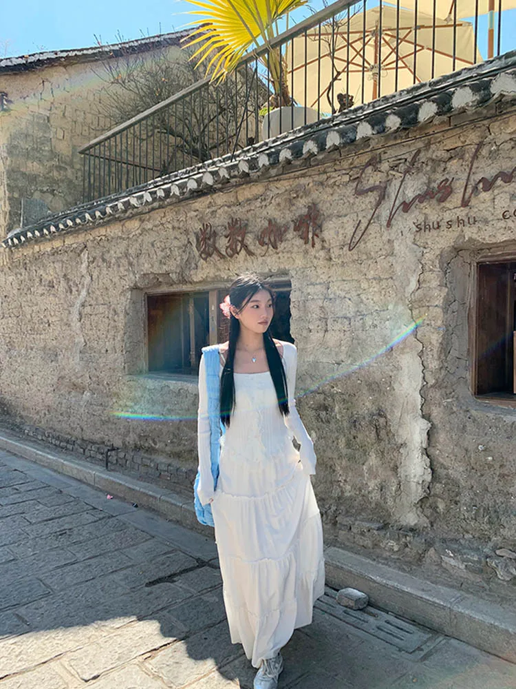 

Весенне-летняя винтажная шифоновая юбка с высокой талией для женщин, эластичная лоскутная длинная юбка трапециевидной формы, белая, черная, шикарная студенческая Frien