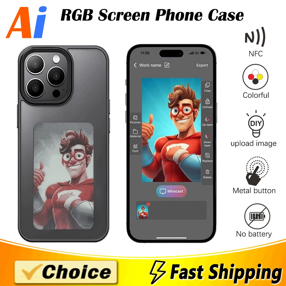 NFC Phone Case For iPhone 15 13 14 Pro Max Smart E-ink Screen Photo Cast Screen Cute Silicone Phone Cover No Batteries Required