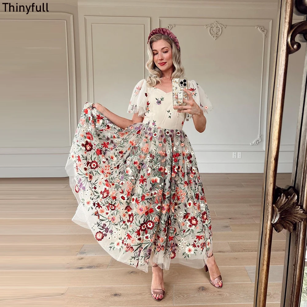 Thinyfull A-line Floral Prom Dress Short Sleeve Tea-Length Evening Party Gown 2023 Tulle Formal Event Dress Vestidos De Noche