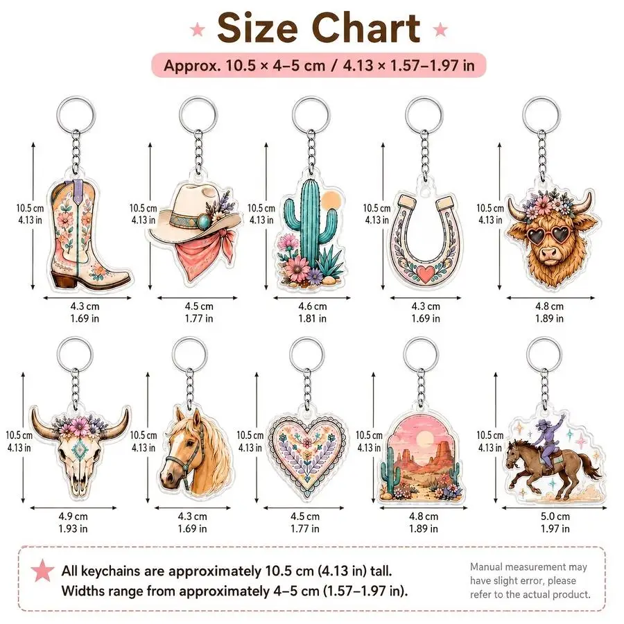 1/5/10/20/50/100pcs 2D Flat - 2Dflat Set of 10 Western-Style Acrylic Keychains for Cowboys, Featuring Boots/Hats/Cacti/Cowgirl H