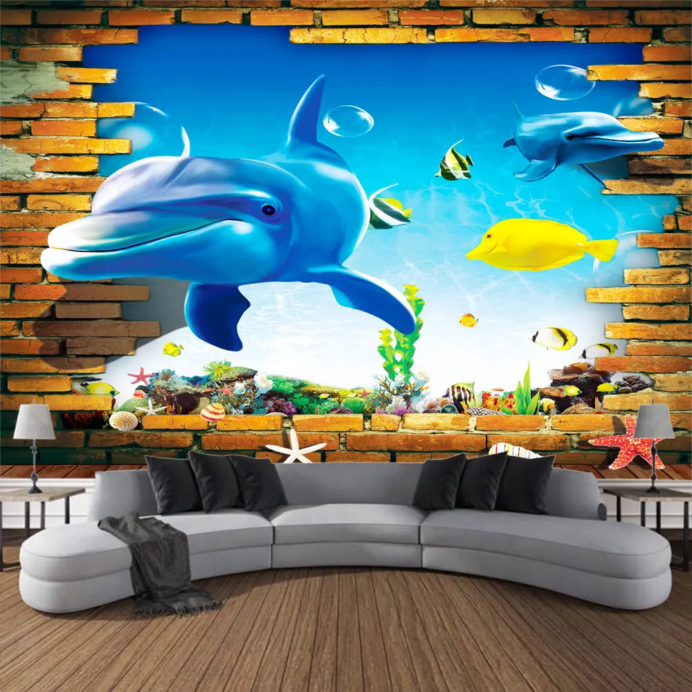 Undersea Printed Tapestry Psychedelic Room Decoration Wall Hanging Marine Coral Dolphin Home Wall Decoration Cartoon Mural