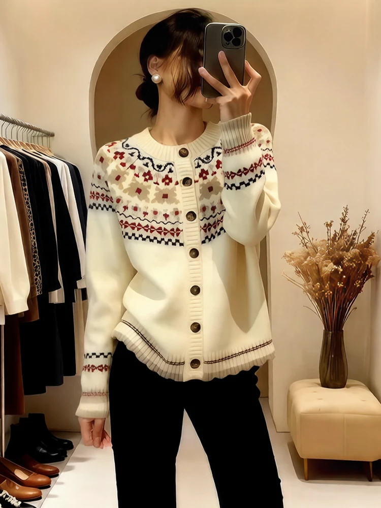 

Faionable round Ne Knitted Sweater Women's Outerwear Winter ular Print Casual Comfortable Breathable Knit Cardigan