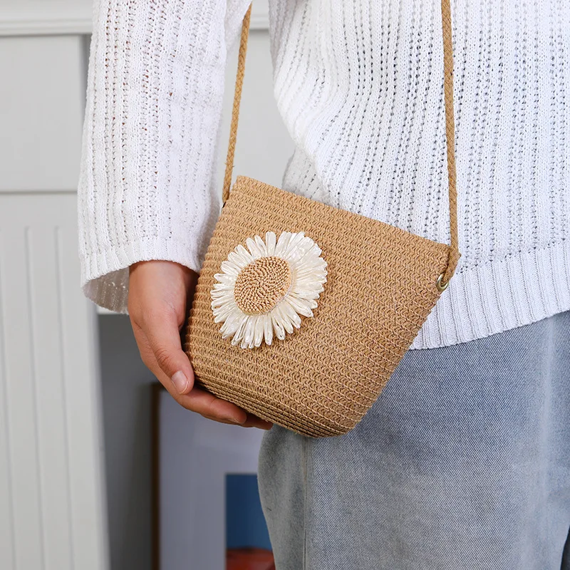 سستة زهرة القش حقيبة محفظة نسائية للعملات المعدنية لطيف حقيبة ساع سلة التخزين اليدوية المنسوجة المرأة حقيبة كروسبودي حقيبة يد #2