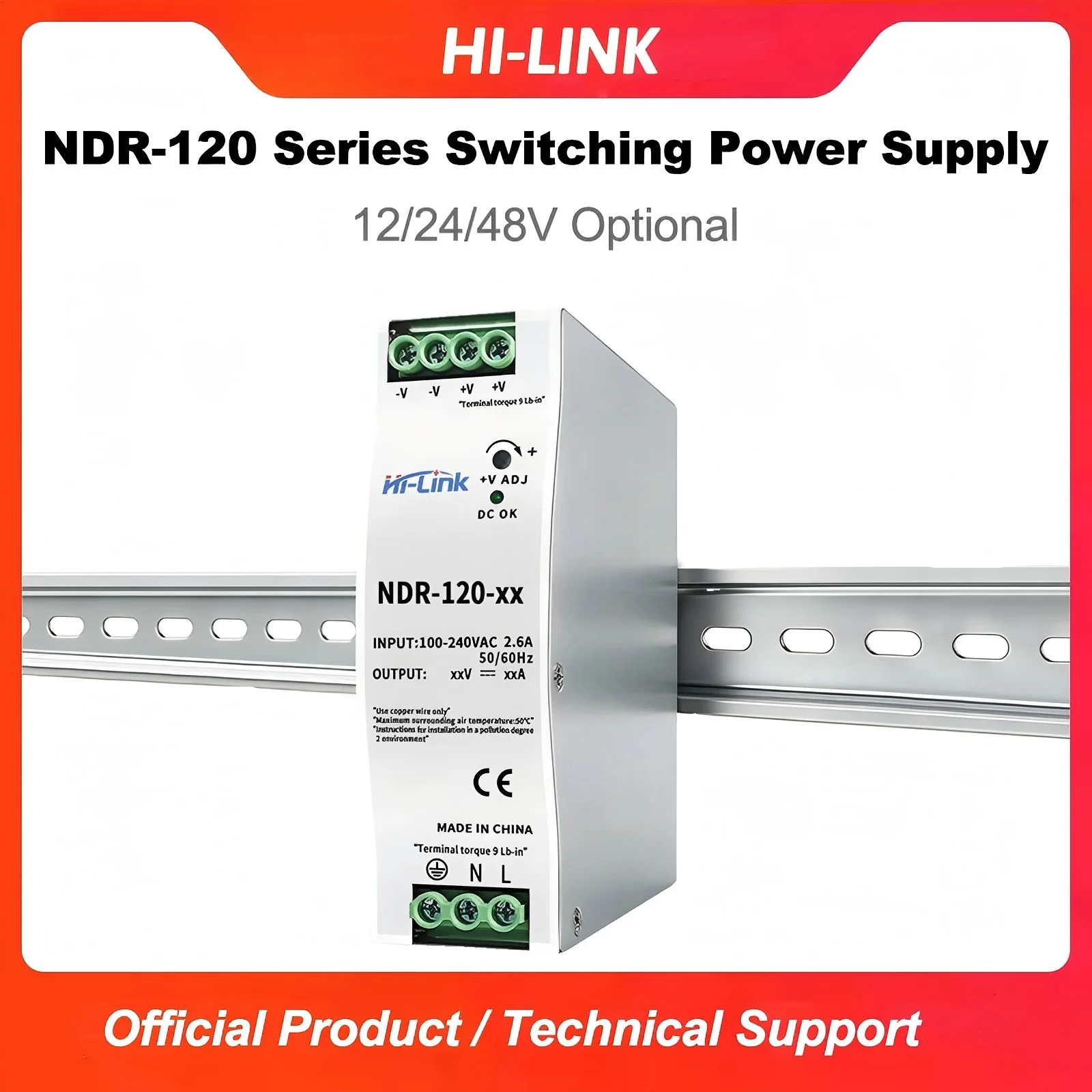 HI-LINK NDR-120 Series DIN Rail Switching Power Supply 120W AC-DC 100-240VAC Input 12V/24V/48V Optional Industrial SMPS