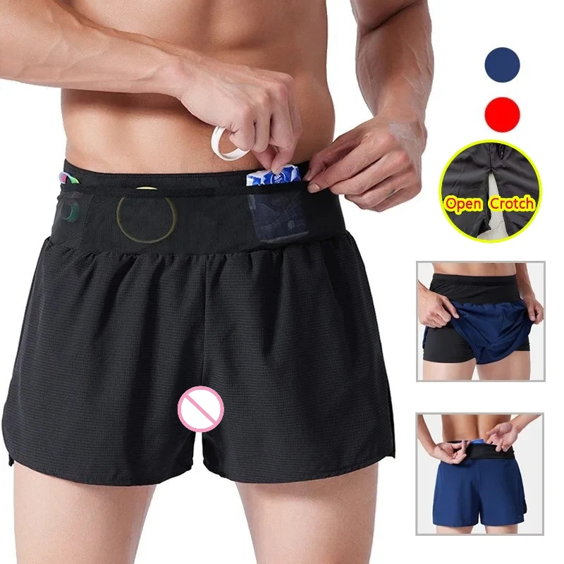 

Man Multi-Pockets Open Crotch Runniung Shorts Functional Mini Hidden Zipper Bottoms Outdoor Play Clubwear Crotchless Pants