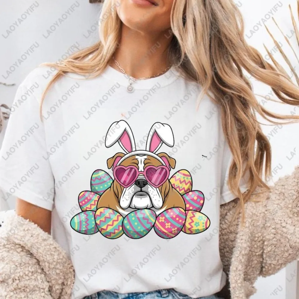 Easter Bulldog Shirt Cute Dog Bunny Ears Heart Sunglasses Tee Funny Simple Egg Hunt T‑Shirt Spring Gift Bulldog Mom Dad Costume