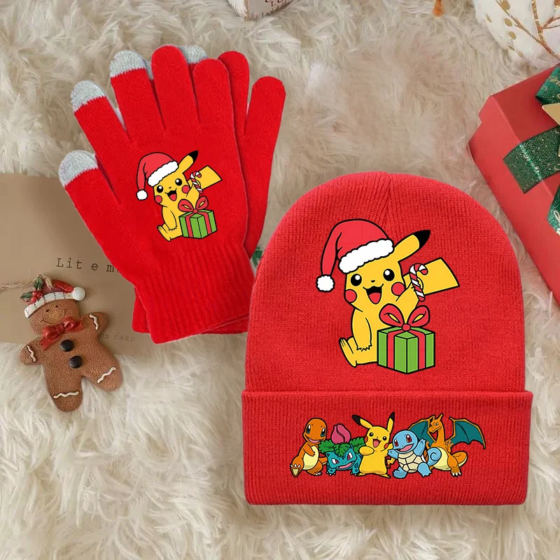 البوكيمون عيد الميلاد بيني قفازات دعوى بيكاتشو الاطفال محبوك قبعة القفازات الكرتون أنيمي صبي فتاة الشتاء قبعات دافئة سانتا كلوز هدية