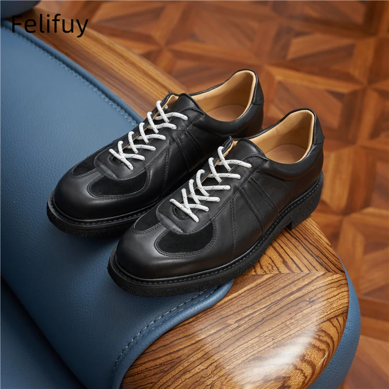 

Black Genuine Leather Patchwork German Trainer Sneakers Unisex Summer Sports Casual Shoes Cow Leather Lace-up Outdoor Flat Shoes