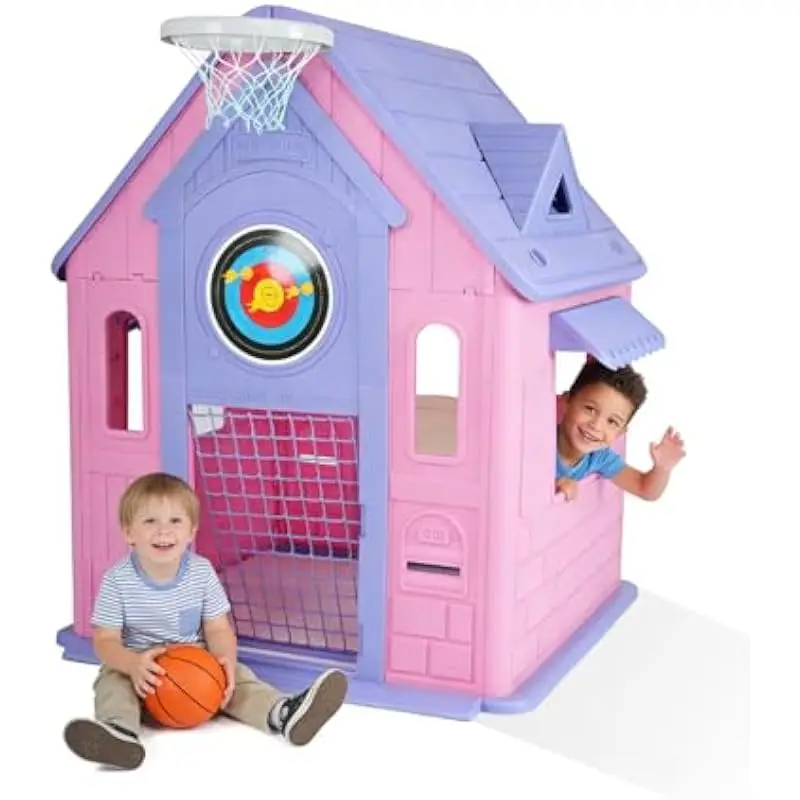 Kids Cottage Playhouse – 5-in-1 Interactive Activity Hub Featuring Basketball Ring Soccer Net Magnetic Darts Ring Toss – Roomy I