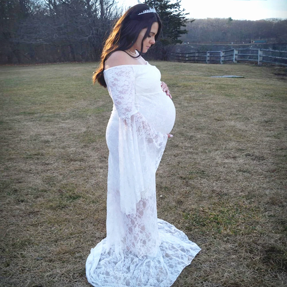 Maternity Photoshoot Outfit Lace Bell Sleeves Off Shoulder Gown Pregnant Women Dresses For Photography Baby Shower