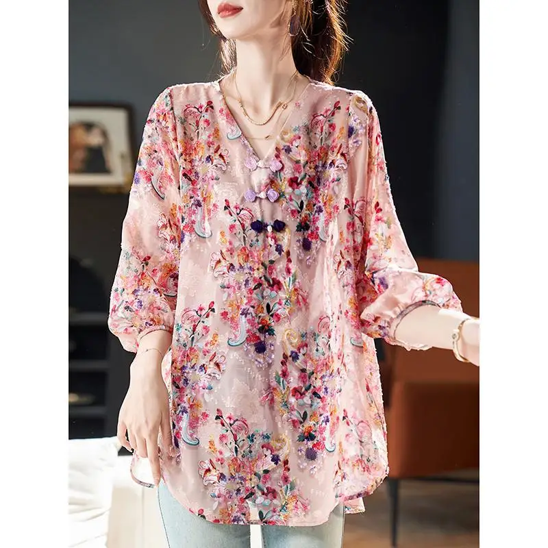 Summer V-neck Elegant Fashion Printing 3/4 Sleeve Shirt Ladies Loose Casual All-match Pullover Top Women Sweet Oversized Blouse