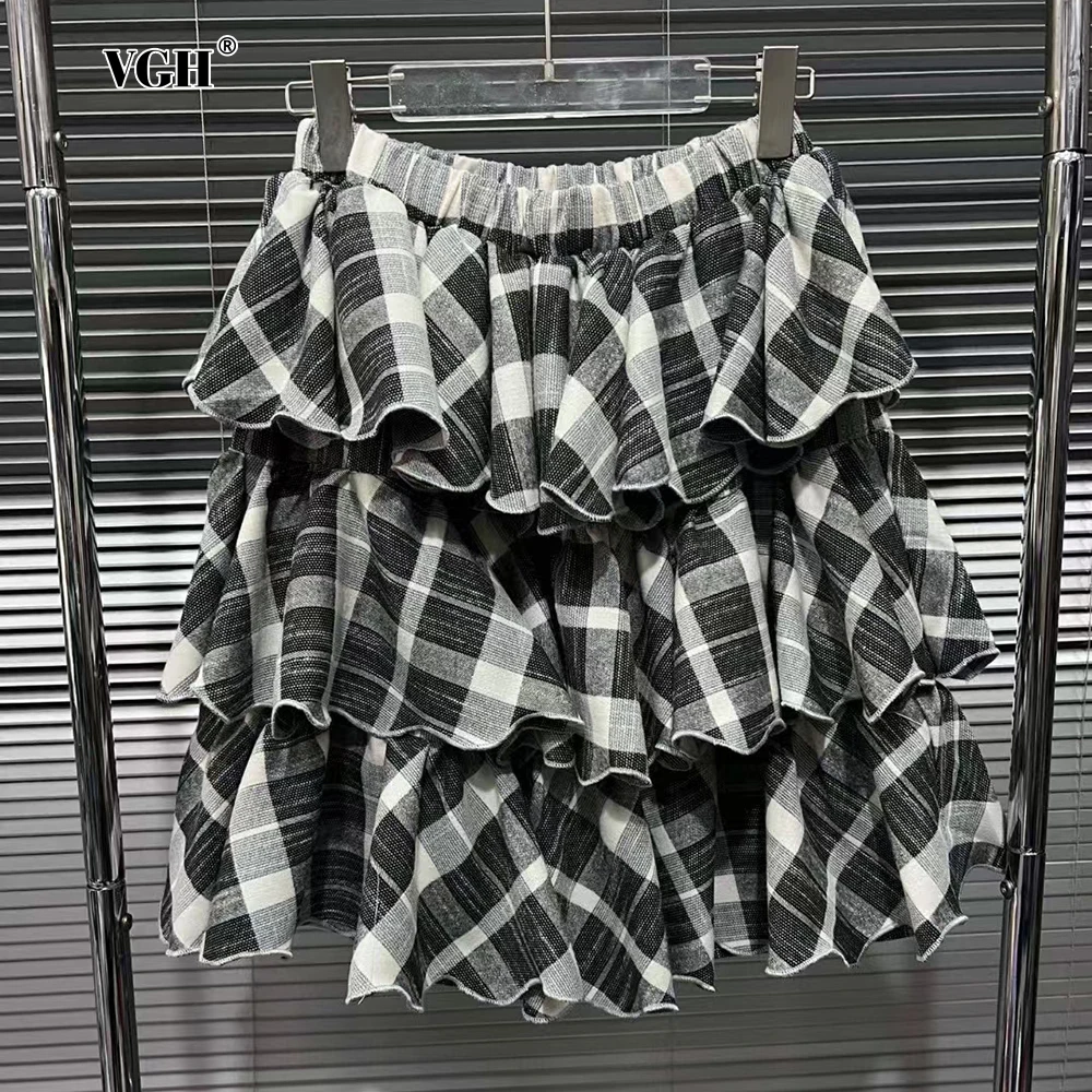 VGH Plaid Colorblock Spliced Ruffles Short Skirt For Women High Waist Patchowrk Elastic Gothic Skirts Female Autumn Clothes New