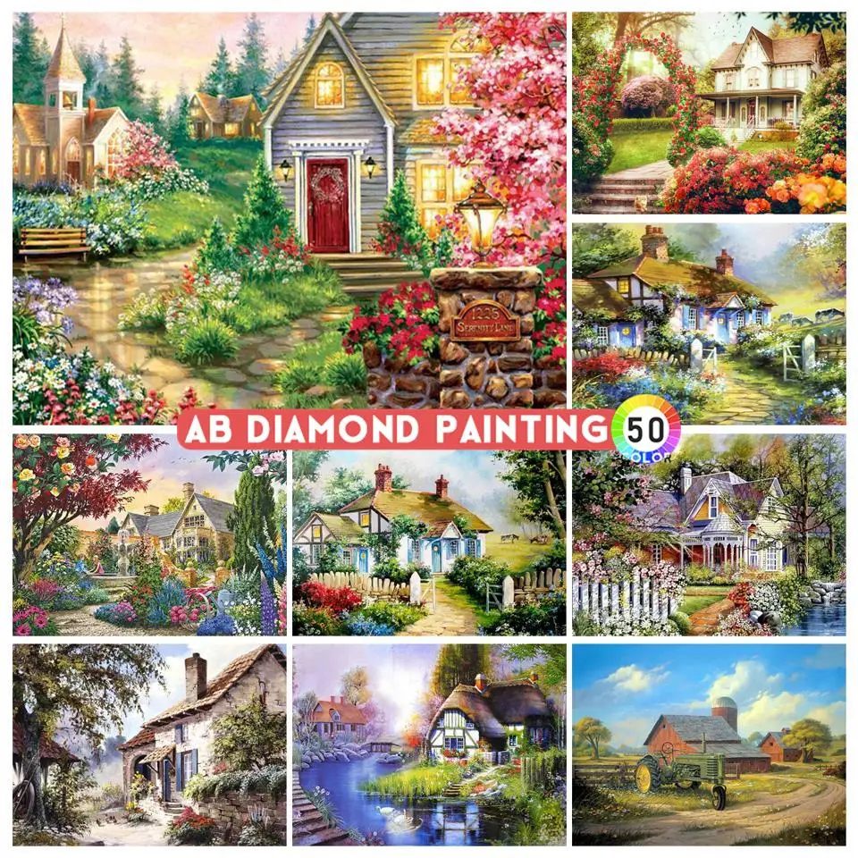 5D AB Diamond Painting Landscape Garden House Square Diamond Embroidery Set Diamond Mosaic Art Picture Home Decoration Gift