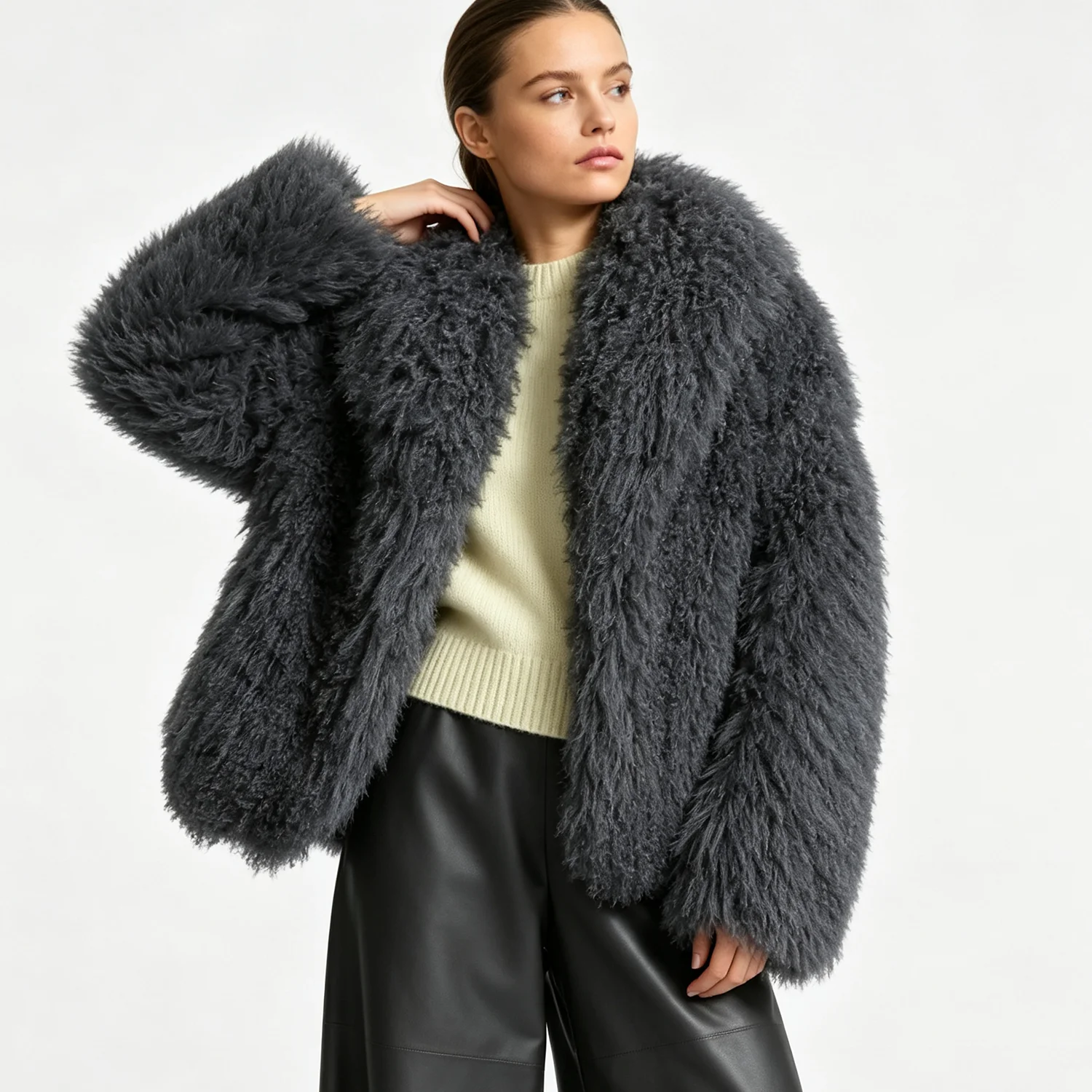 PUAL  Women Curly Faux Fur Coat Big Lapel Loose Fluffy Warm Winter Outerwear Fashion Thick Fuzzy Jacket For Ladies