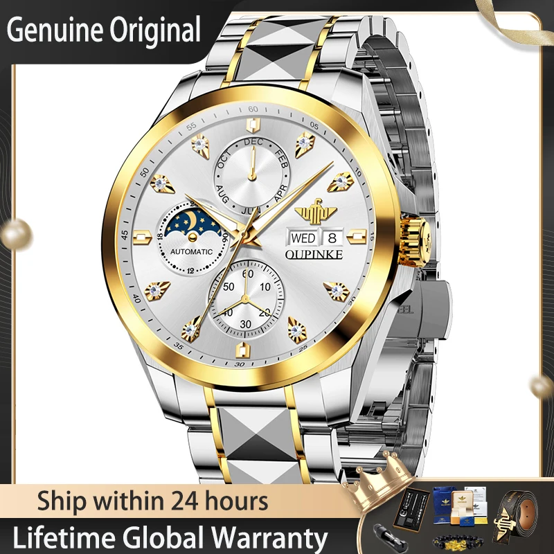OUPINKE 3298 Original Luxury Mens Watch Automatic Mechanical Watch﻿ Waterproof Luminous Week Date Watches For Man Tungsten Steel