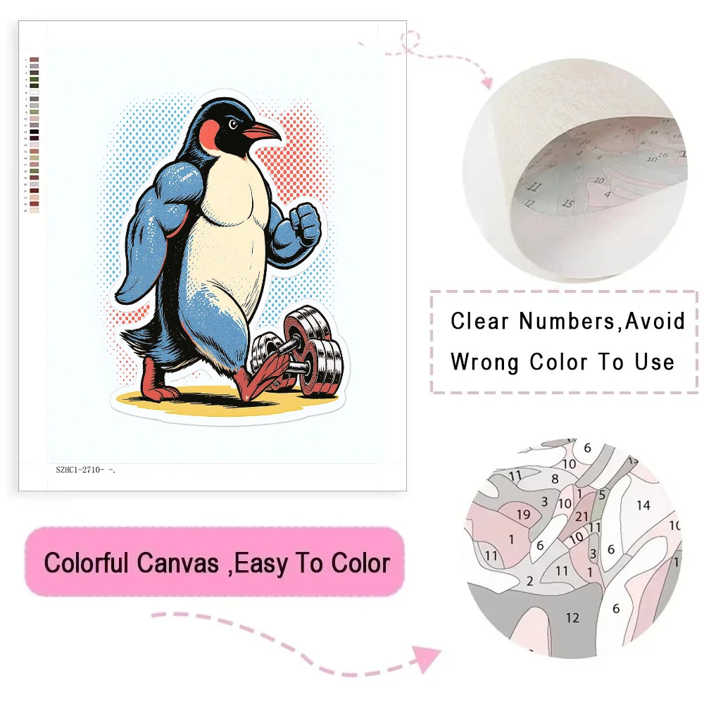 Acrylic Paint By Numbers Muscle Penguin Animal Oil Painting Package Art Picture for Bedroom Wall Adults Hand Painted Unique Gift