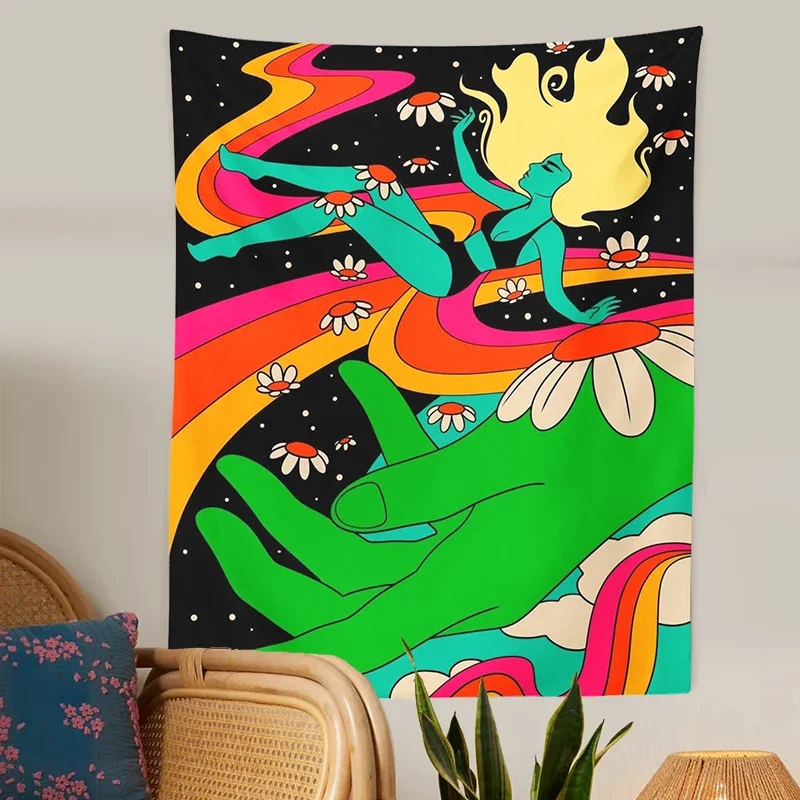 Vintage Rainbow woman Tapestry Wall Hanging 80s Retro Boho Decoration starry sky Tapestry Wall Decor Psychedelic Wall Prints
