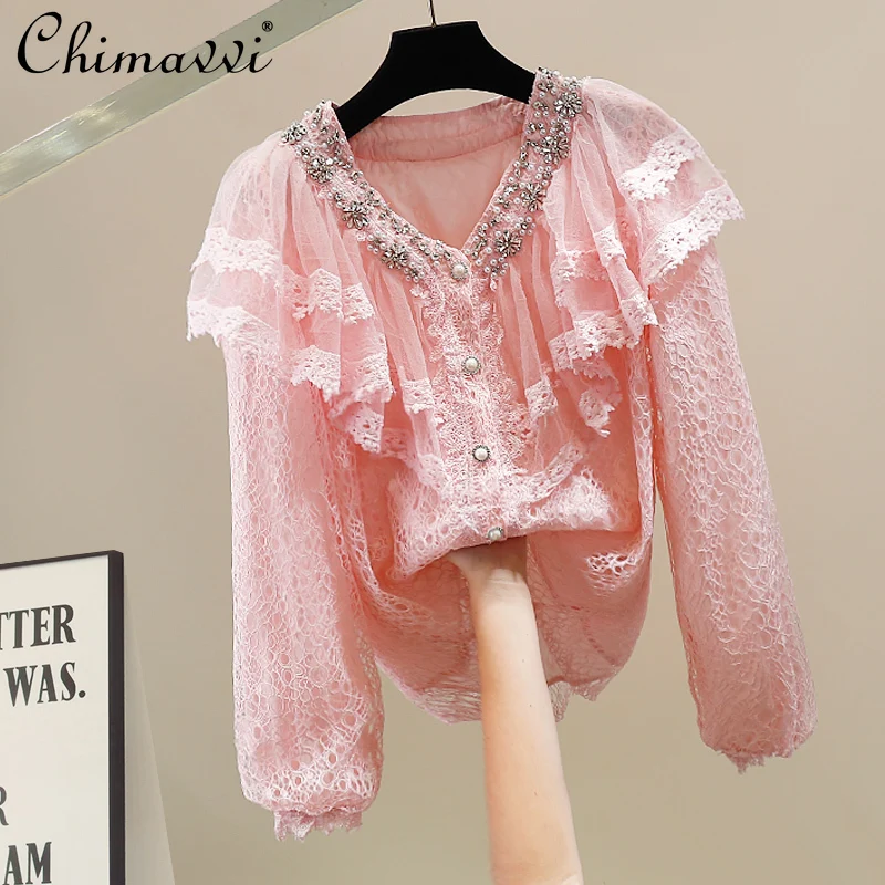 

New Fashion Heavy Beaded Decoration Doll Collar Embroidered Lace Shirt Autumn Sweet Girl Long Sleeve Loose Top Women's Blouse