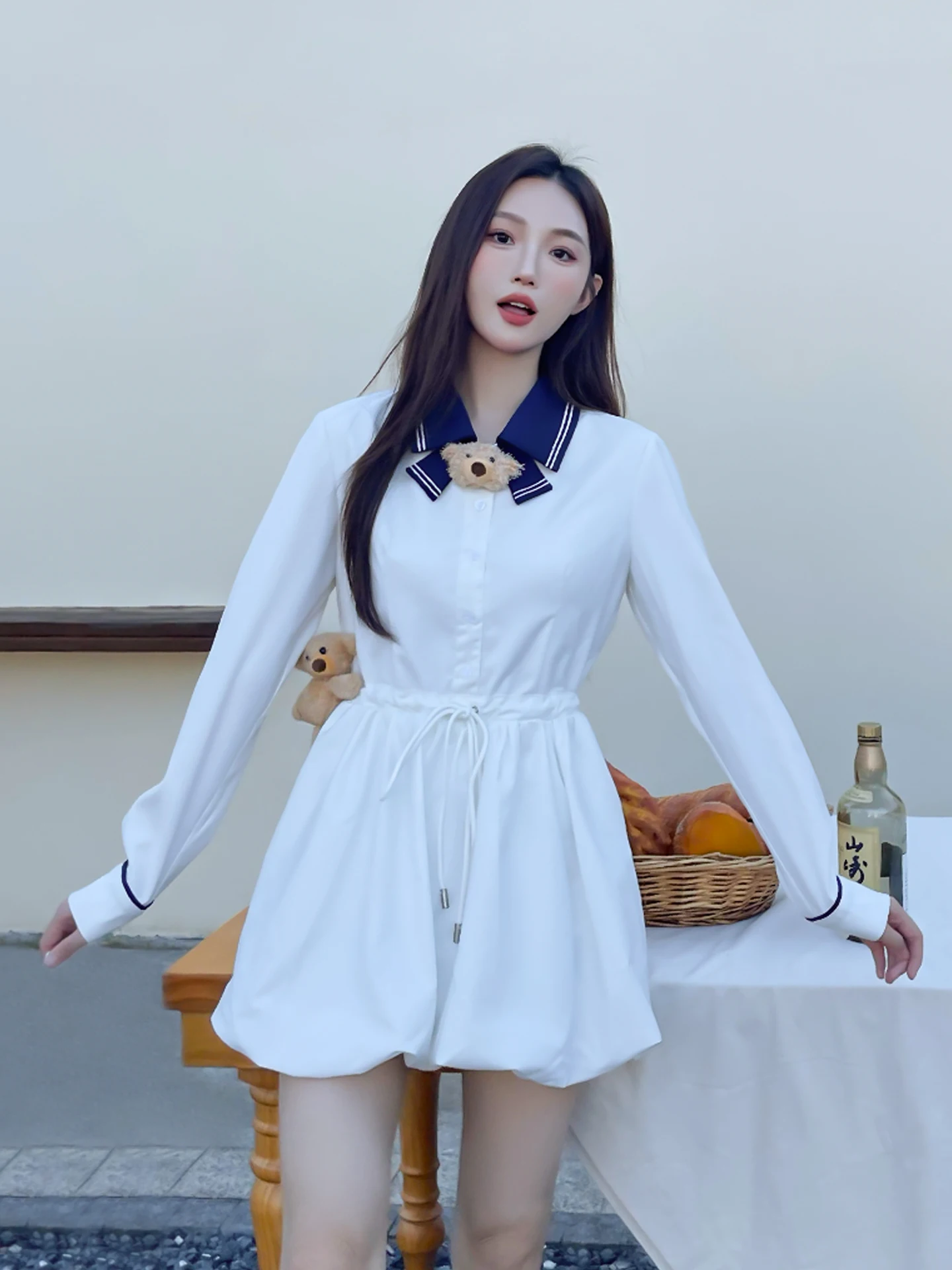 

White Navy Collar Dr Women's Spring 2025 Sweet Bear Decoration Waist Cinch Dstring Long Sve Flower Bud Skirt