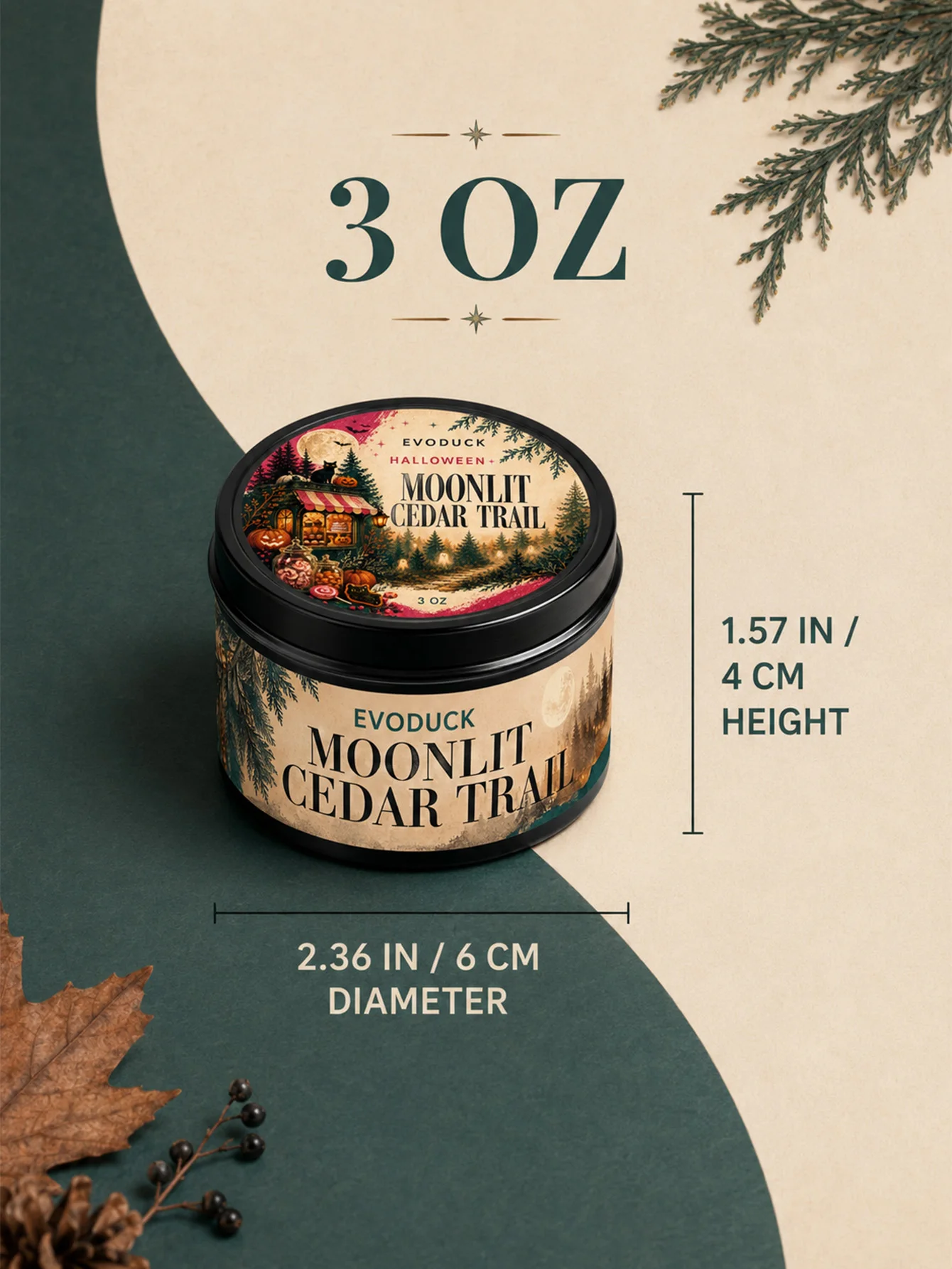 Moonlit Cedar Trail Scented Candle Gift Set, Cedar Amber Resin & Soft Balsam, 6 Piece 3oz Tin Candles with Boxes & Folding Card.
