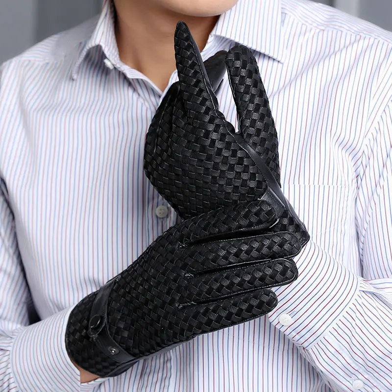 Real Leather Men Gloves Autumn Winter Thermal Plushed Lining Hand-made Woven Sheepskin Driving Gloves Male D0130