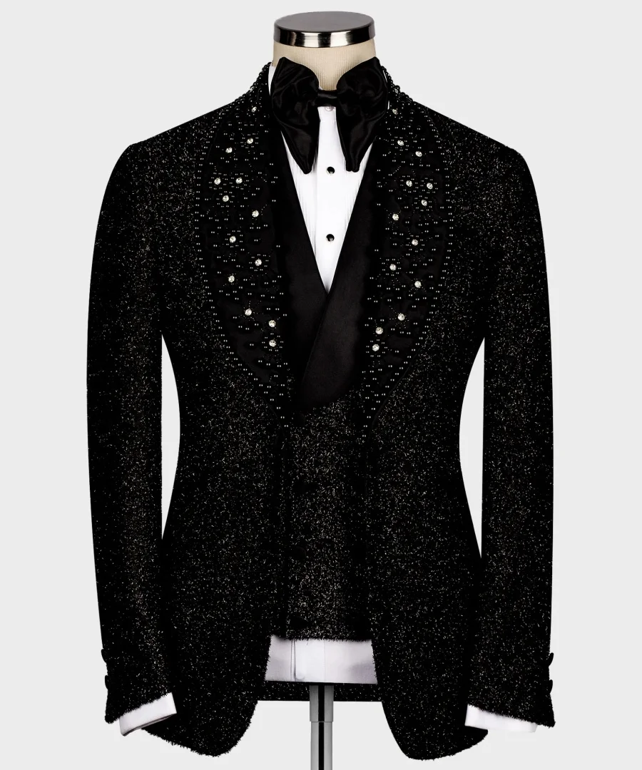 Trajes de novio de esmoquin de boda negro de lujo para hombre, chaqueta ajustada con cristales y perlas, chaleco, pantalones, disfraz personalizado para hombre, 3 uds.