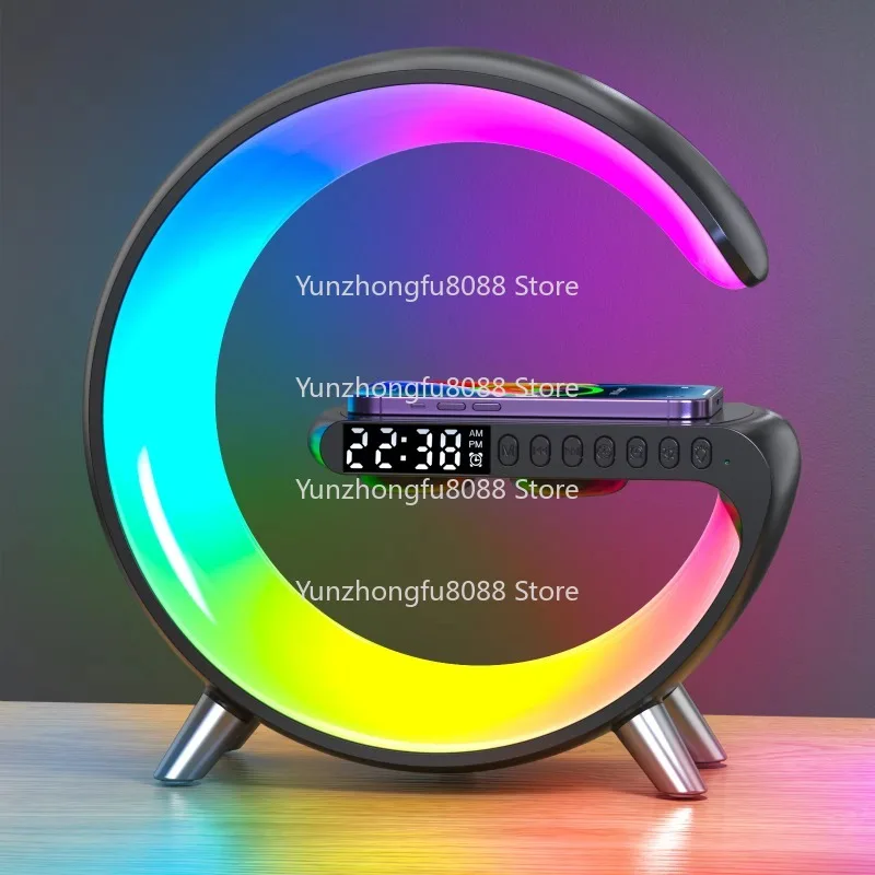 4 in 1 Digital Clock App Control RGB Light Emitting Diode Bluetooth Speaker G-Shaped Bedside Table Light with Wireless Charger