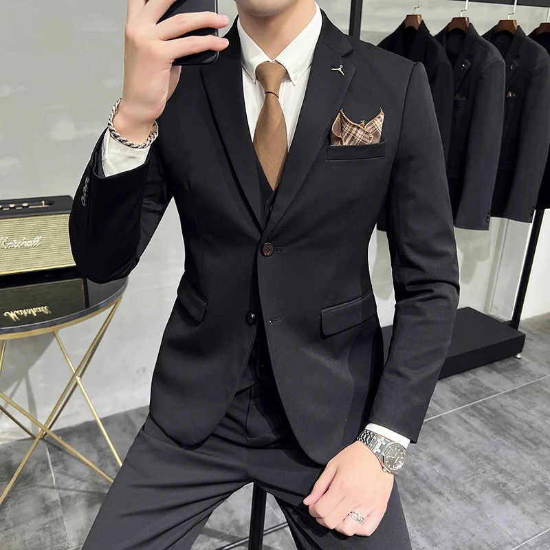 

High-end boutique (suit + vest + trousers) Stylish and handsome Korean slim suit three-piece solid color fashion wedding suit