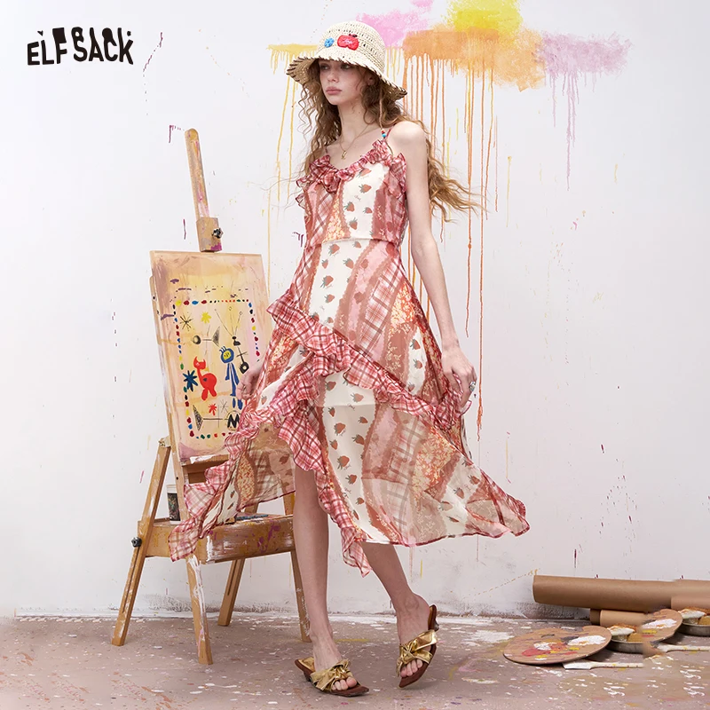 

ELFSACK Sweet Sleeveless Maxi Dress with Gingham Ruffle Hem and Floral Print Patch, Cottagecore Elegant Long Bohemian Dress