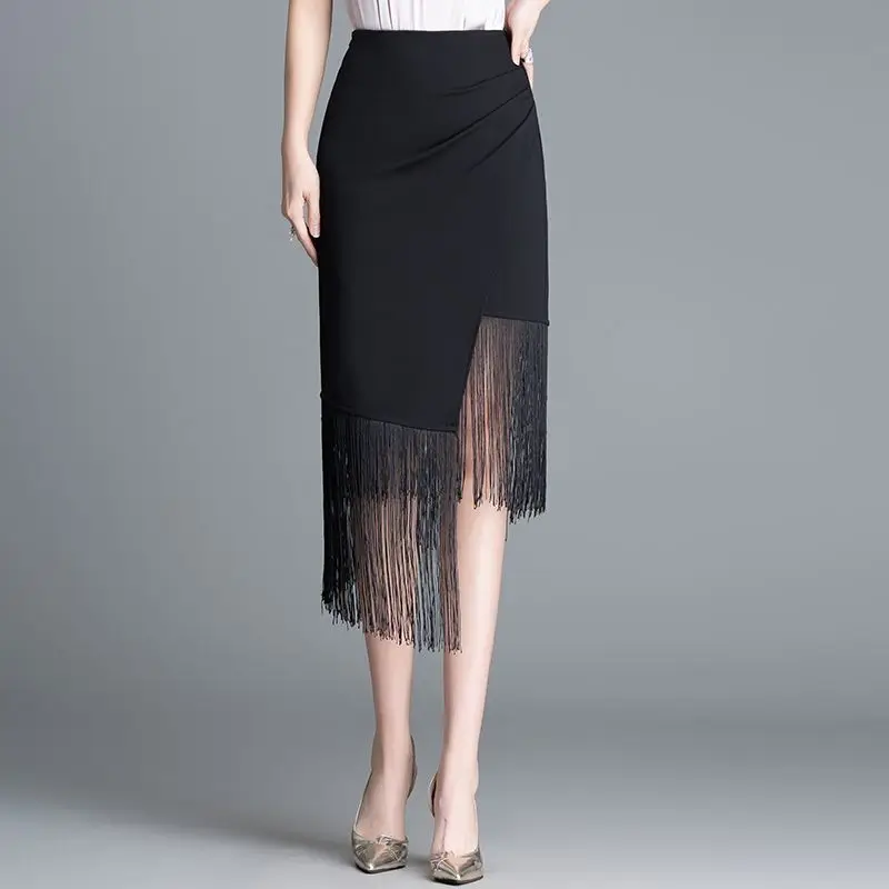 Spring and Autumn Irregular Design Folded Fashion Skinny Splicing Short Tassel Skirt High Waist One-step Skirt Medium and Long