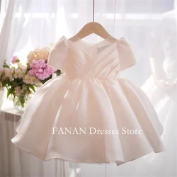 FANAN Flower Girl Dresses White Elegant Princess Korea Satin O-Neck Ball Gown For Kids Birthday Party First Communion Dress