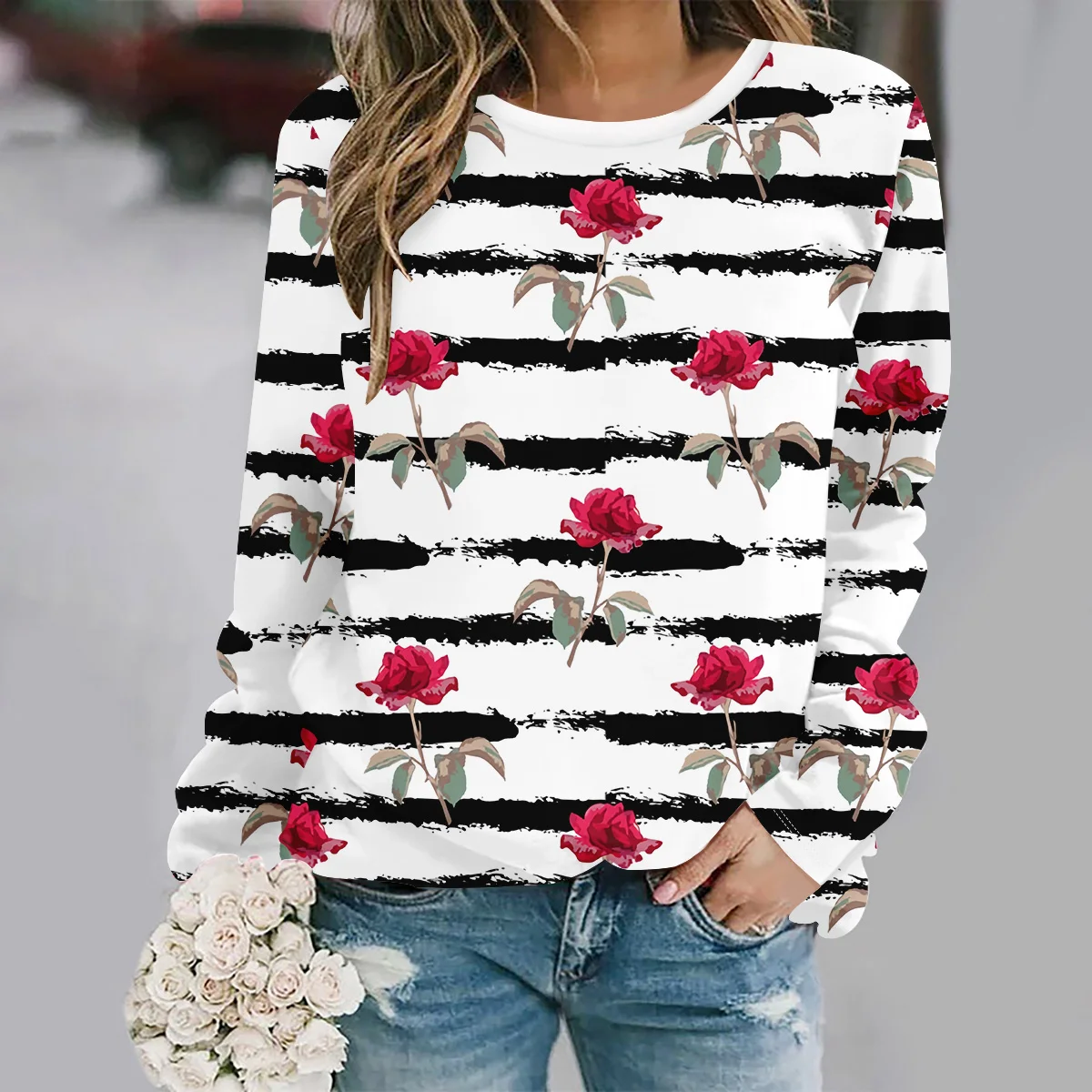 Autumn Striped Rose 3d Print Long Sleeve T-Shirt Women's Clothing Long Sleeve T-shirt Fashion Casual Oversized Tops Tees Female