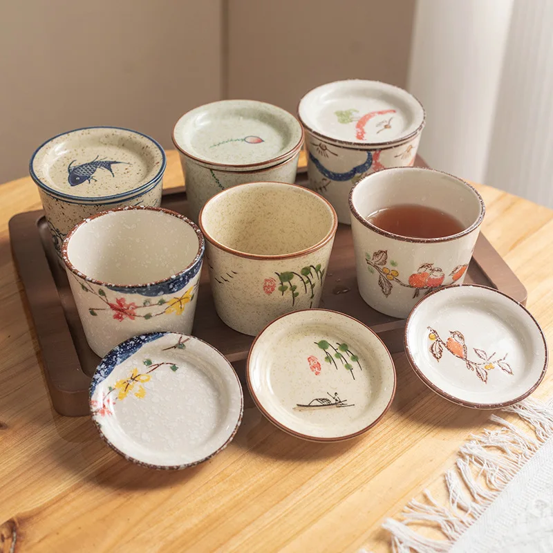 Underglaze Colored Ceramic Jokou Cup,Japanese Tea Cup,Retro Stove Boiling Tea Small Lid Cup,Household Dustproof Master Cup