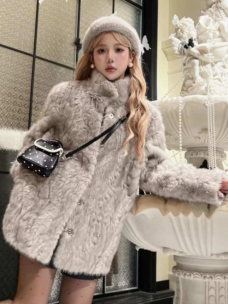 Abrigo de piel de cordero Nunu, piel de visón teñida con cuello alto para mujer, abrigo de piel ecológico todo en uno para invierno