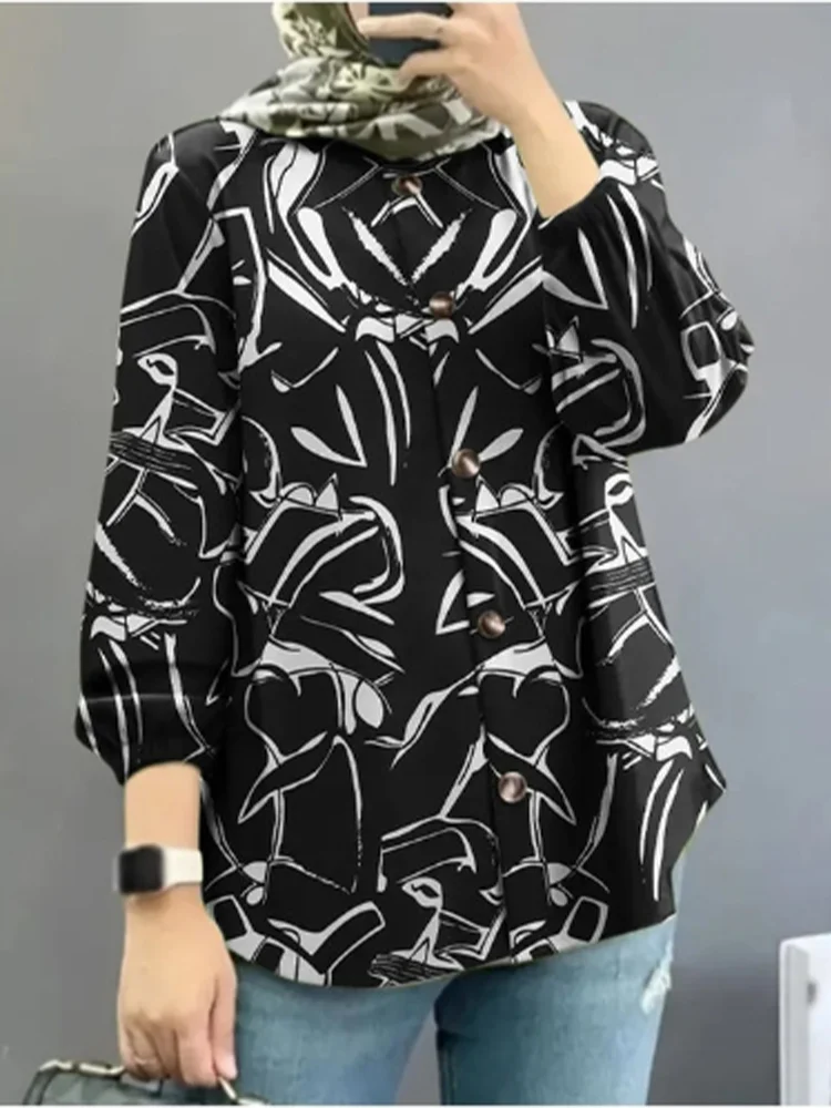 GELITAYIN Round Neck Button Up Bubble Long Sleeved Floral Printed Shirt Women's High Street Fashion Elegance Daily Autumn Top