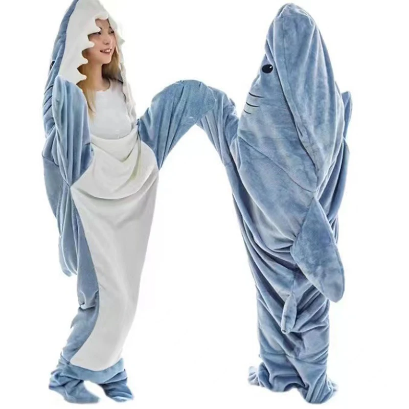 Adult Winter Wearable Cozy Shark Blanket Office Nap Cartoon Onesie Hooded Home Blanket Fabric Mermaid Shawl Blanket For Children