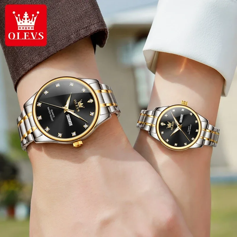 Olevs 3612, neue Luxus-Quarz-Paaruhr für Herren und Damen, wasserdicht, Leuchtkalender, Woche, klassische Business-Armbanduhr, Geschenke, Shi