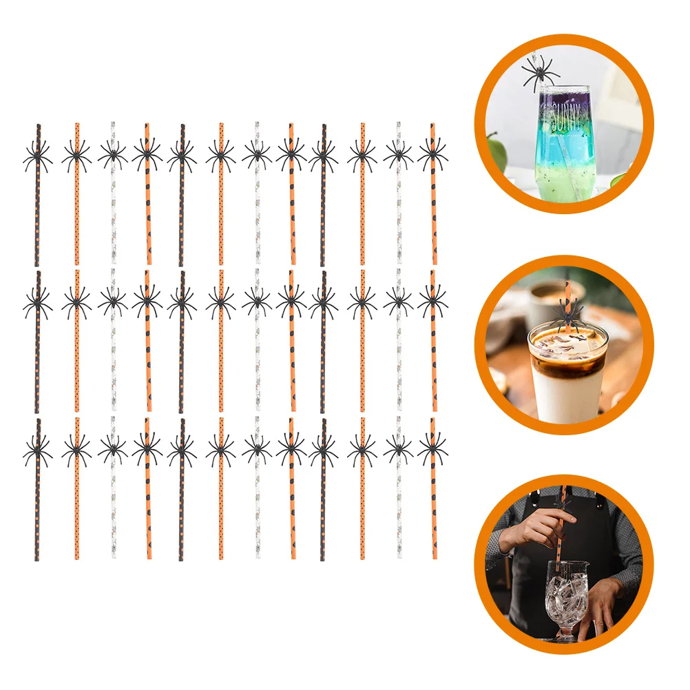 

40 Pcs Spider Straw Party Supplies Halloween Juice Straws Paper Orange for Birthday Decorations
