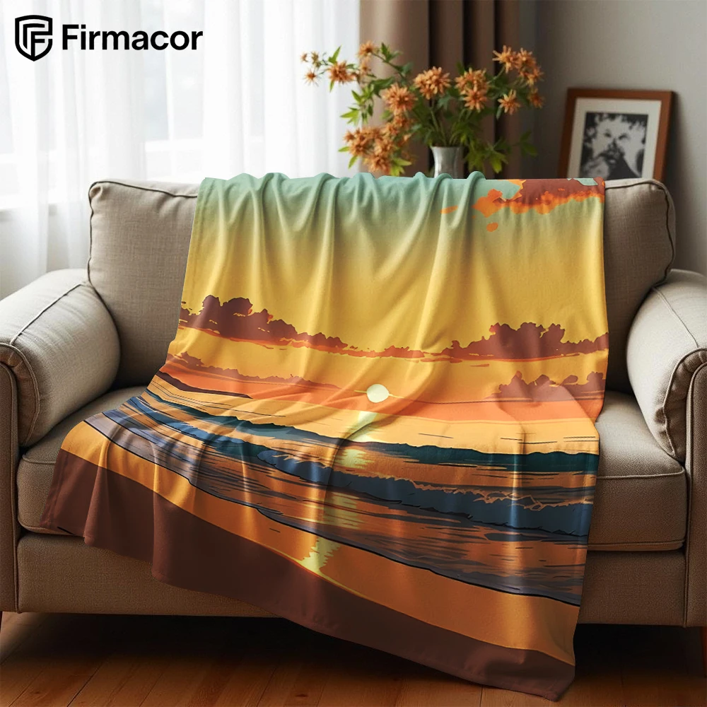 Golden Beach Sunset Cartoon Anime Print Flannel Blanket Soft Warm Throw for Kids Bedroom Sofa Christmas Office Car