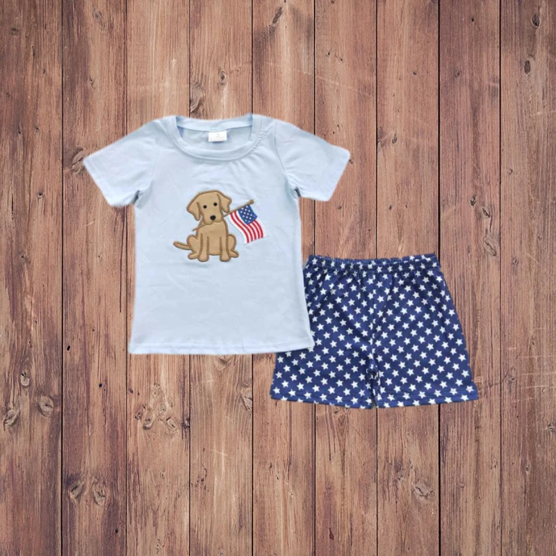 

3.11 BSSO0227 Boys' Blue Short Sleeve Short Pants Set Embroidered National Day Dog Design Comfortable Summer Outfit for Kids