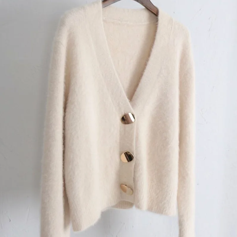 

Fleece Solid Knitted Women Sweater Cardigan Autumn Winter V-Neck Long-Sleeved Button Female Outwear Coats Tops