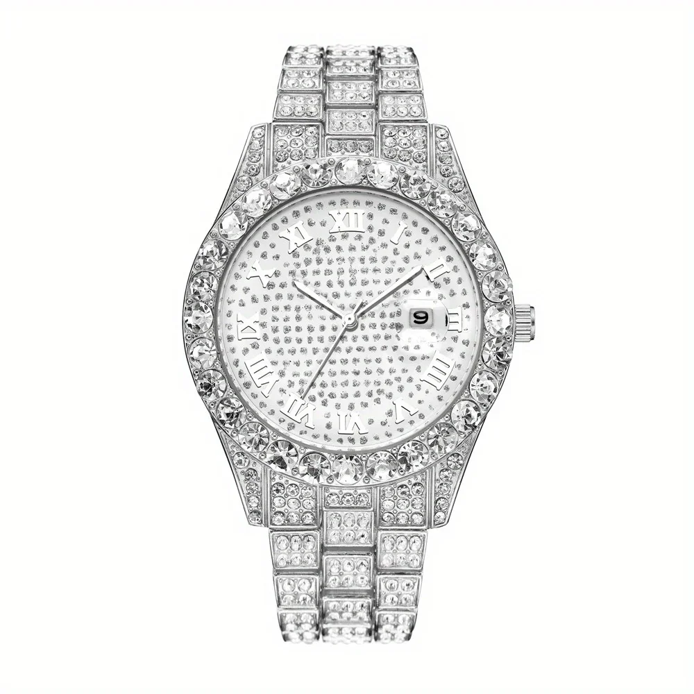 2 pieces/set of luxury men's hip-hop watches, adorned with sparkling artificial diamonds and Cuban chain bracelets
