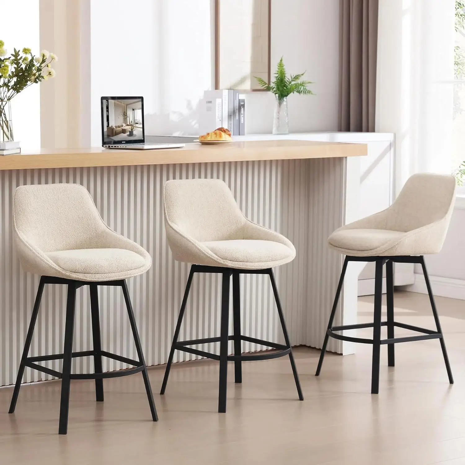 

Swivel Bar Stools Set of 3, Modern Counter Height with Backs, Upholstered Beige Linen Fabric, Metal Legs
