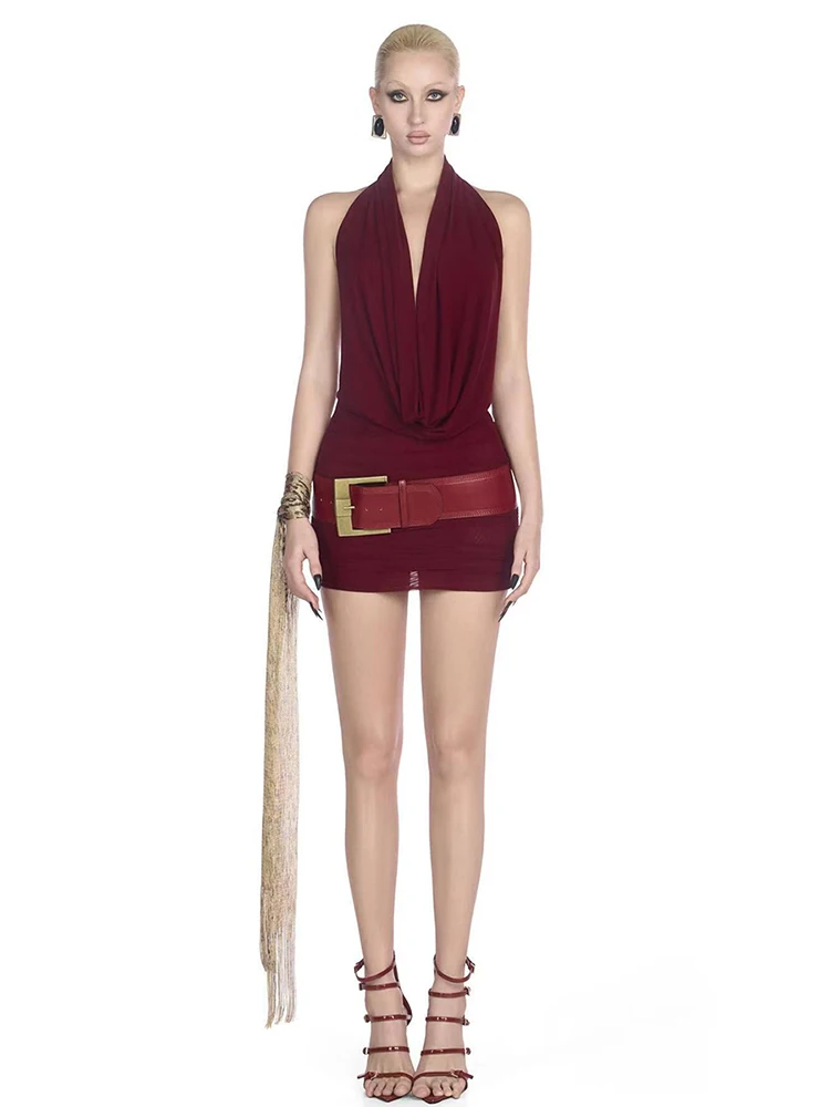 Bizarre chat licou robe dos nu femmes Sexy col pivotant sans manches maigre plis Sexy minuit été tendance Hottie mince moulante