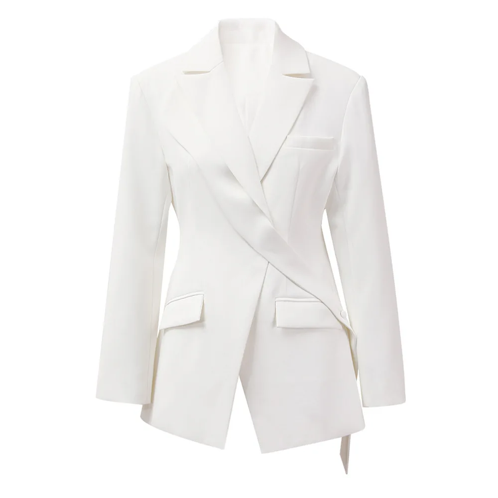 High Quality Women's Clothing Chic White Blazer Crop Ruffle Blazers Jacket Hidden Breasted Coats Slanted Lapel Top Slim Clothes