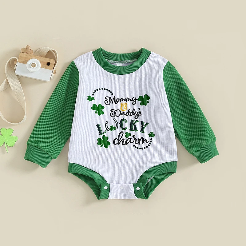 

Baby Girls Boys Sweatshirts Rompers Ireland Festival Clothes Letter Clover Print Contrast Color Long Sleeve Spring Bodysuits