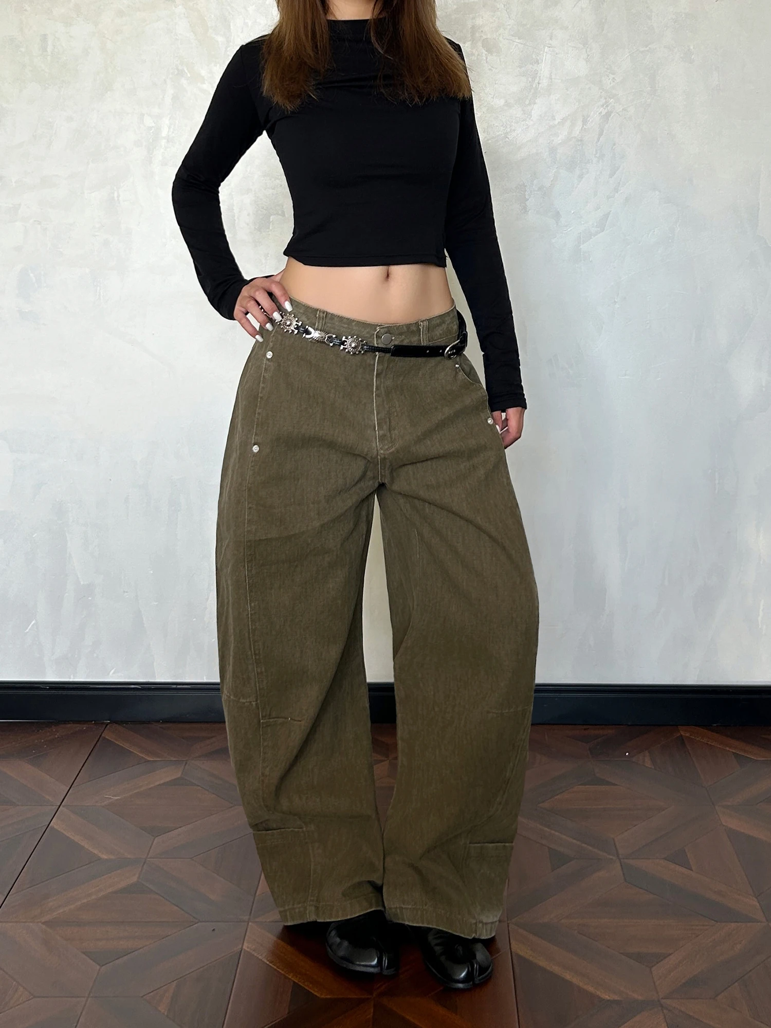 

American Retro Rivet Decosition Design Loose Wide Leg Pants Workwear Jeans Knife Long Trousers for Women Cotton