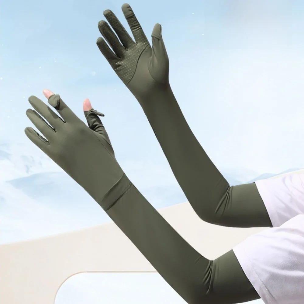 Fashion Solid Color Long Sleeve Sun Protection Flip Ice Silk Arm Sleeve Non-slip Quick-drying Sunscreen Sleeve Gloves Fishing