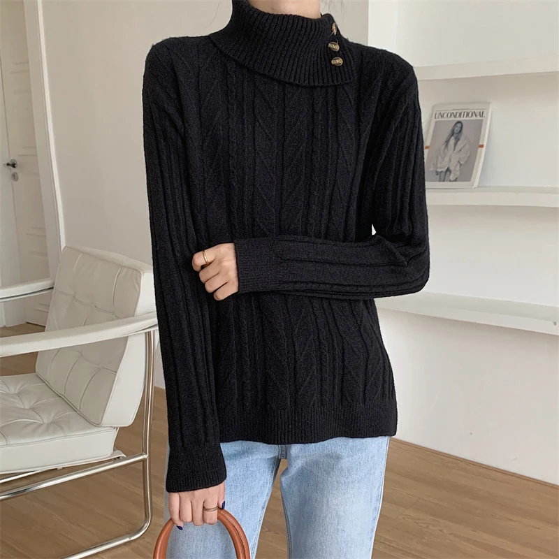 MEXZT setengah Turtleneck Sweater wanita Vintage lengan panjang rajutan pullover musim dingin hitam putih Chic rajut kasual jumper